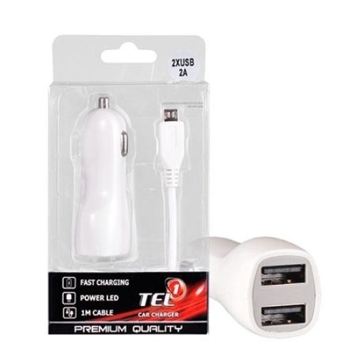 Auto Punjač za mobitel Tel1 2xUSB 2A WHITE +…